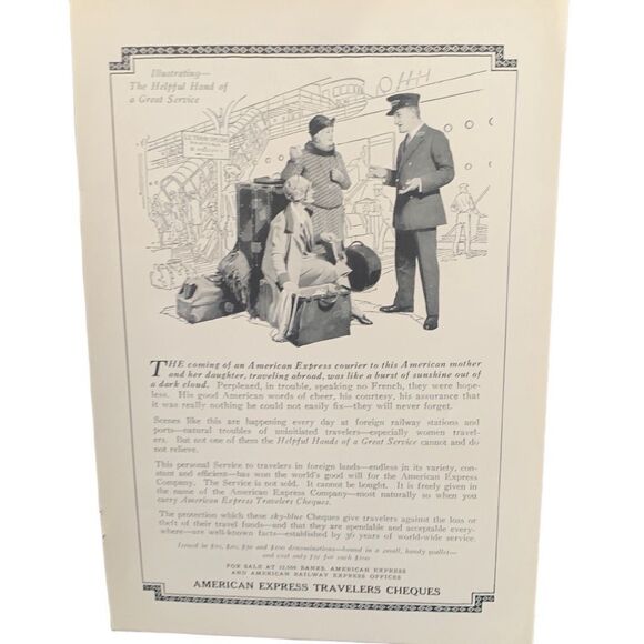 Vintage 1927 American Express Travelers Cheques Ad Advertisement - Picture 1 of 3